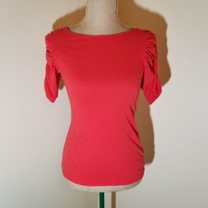 Little Yellow Button red top with ruched sleeves